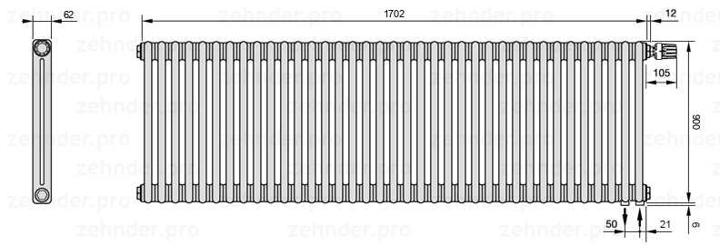 Схема (чертеж) Радиатор Zehnder Charleston 2090/37 №V002 Белый глянцевый RAL 9016